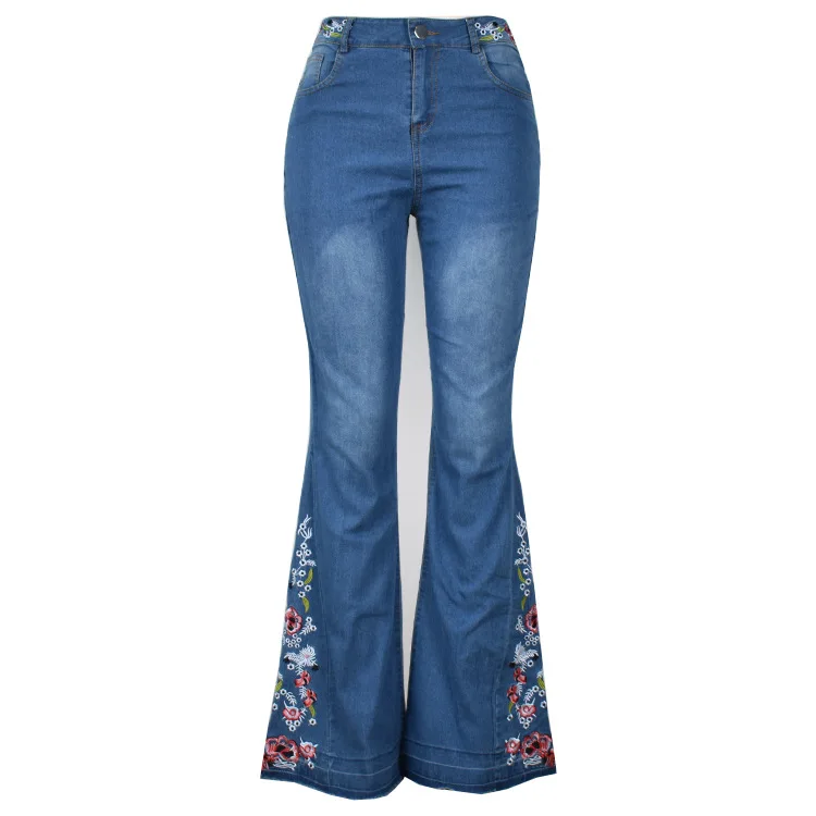

Spring Autumn Womens Plus Size Pants Fashion Slim Floral Embroidered Jeans Women Casual Skinny Mid Waist Black Bell Bottom Jeans