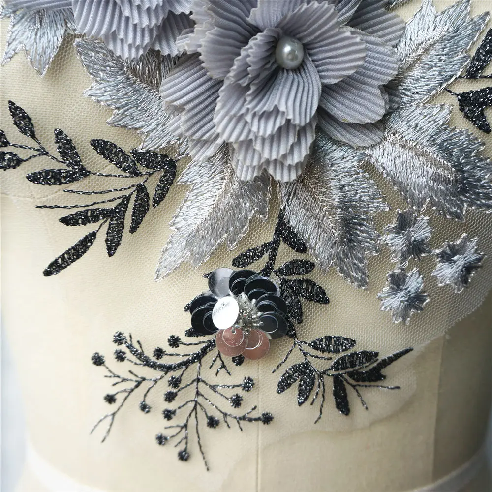 Серые Черные 3D Цветочные бусины кружевная ткань со стразами вышитая Свадебная