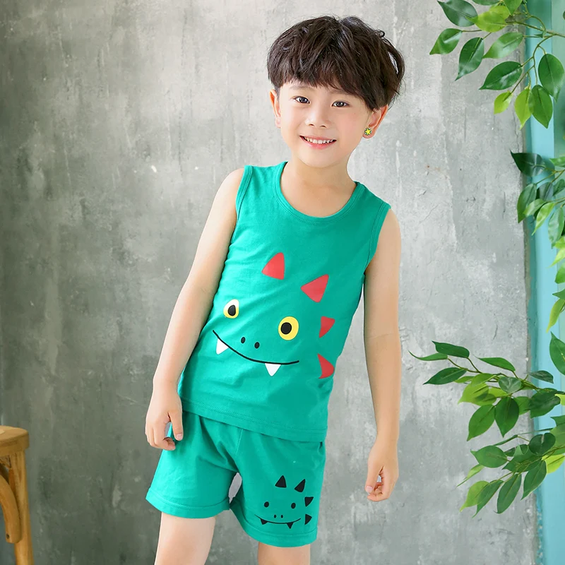 Sleeveless suit Детская Пижама с длинными рукавами из хлопка, пижама для мальчиков, костюм на осень Пижамы для мальчиков и девочек рождественские пижамы детские одежда с мультяшными рисунками, комплект - Цвет: Sleeveless suit
