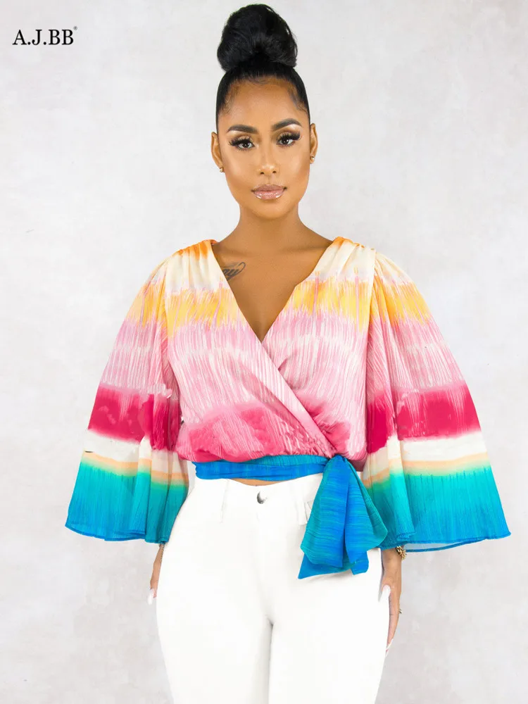 

Европейская Сексуальная полосатая женская рубашка, модная повседневная Радужная футболка с v-образным вырезом и длинным рукавом