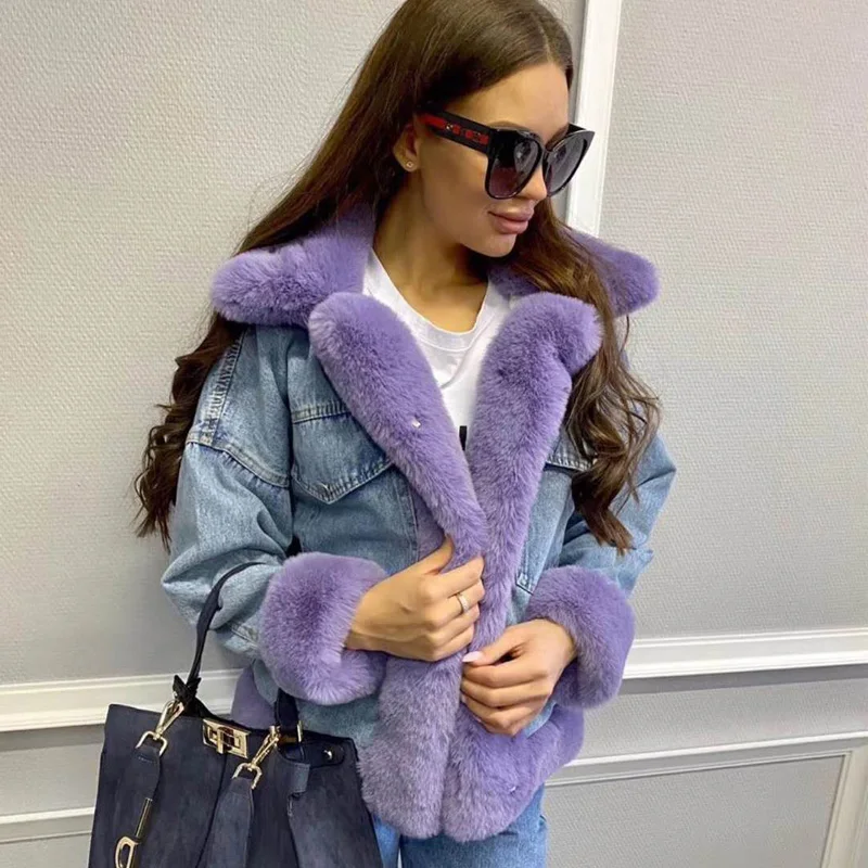 

Женская джинсовая куртка, зимняя теплая парка с флисовой подкладкой и меховым воротником, 2021