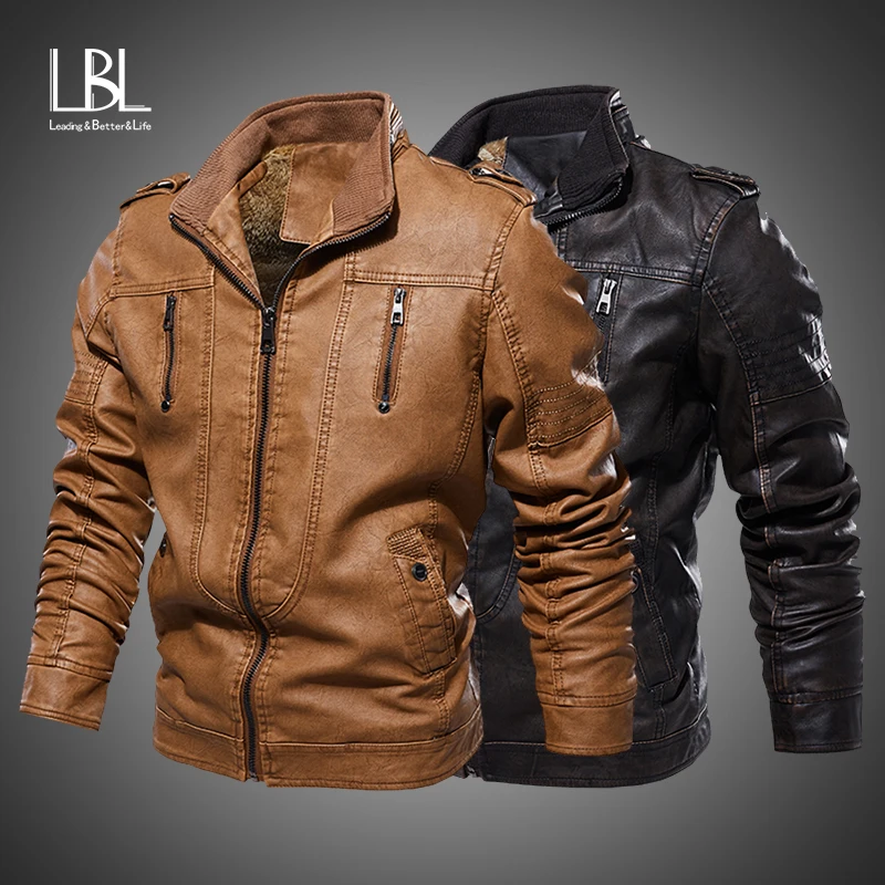 Куртка мужская из искусственной кожи теплая Байкерская мотоциклетная куртка на