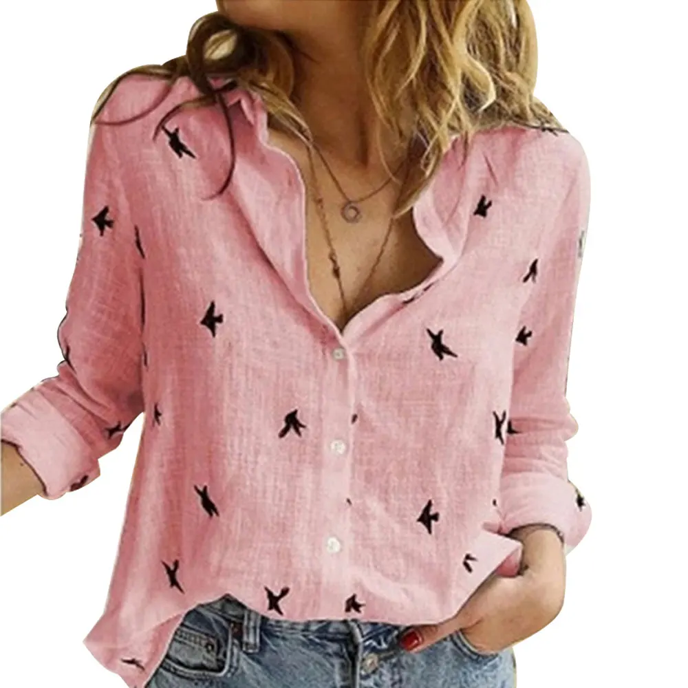 

Casual Long Sleeve Birds Print Loose Shirts Women Oversized Cotton and Linen Blouses and Tops Vintage Streetwear Tunic Tees