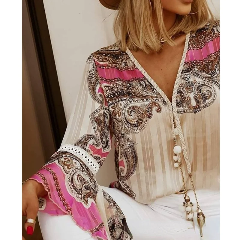 

Summer Blouses Women Pink Paisley Printed Lace Casual Top Blouse V-neck Loose Flare Sleeve Streetwear Shirt Top