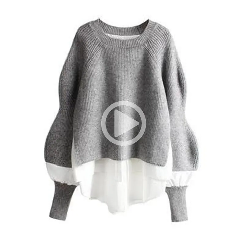 

O-neck Handle Women's Korean One-piece Shirt Autumn Winter Knitted Loose Pullover Splicing Fake Two-piece Long Sleeve Sweater