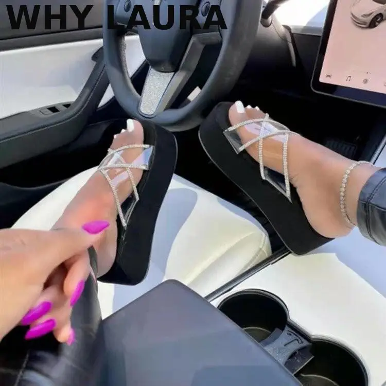 

Beauty 2021 new summer high heels platform slippers ladies wedge ladies rhinestone shiny Moole slippers ladies outdoor beach sho