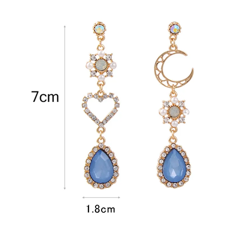 

2020 New Sweet Asymmetry Shiny Rhinestone Love Heart Moon Drop Earrings For Women Long Blue Crystal Tassel Dangle Jewelry
