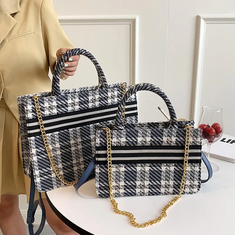 

Fashion Canvas Plaid Tote Bags For Women Designer Chain Shoulder Bag Women's Bag High Capacity Canvas Shopper Women Handbags New