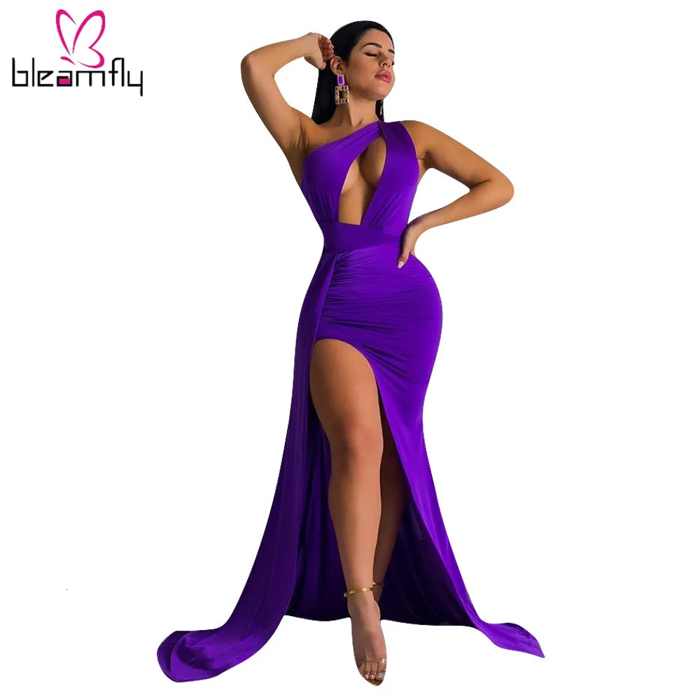 Новинка 2019 женское осеннее платье на одно плечо с высоким разрезом Сексуальные