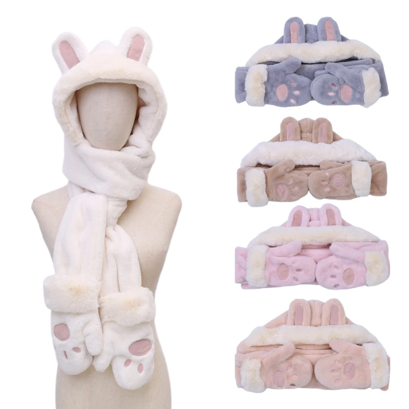 

New style Fashion Winter Warm Rabbit Ears Hat Windproof 3-in-1 Multi-functional Cartoon Paw Hat Windproof Scarf & Gloves Set