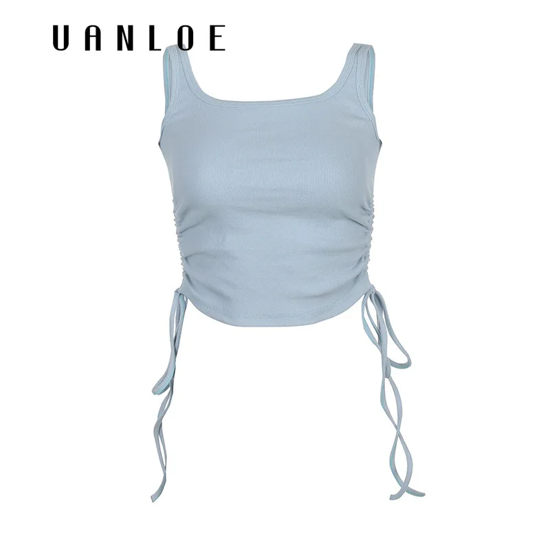 

Summer Basic Solid Tank Tops Women Casual Side Drawstring Sleeveless Ruched Crop Tops Bodycon Streetwear Lace Up Tops