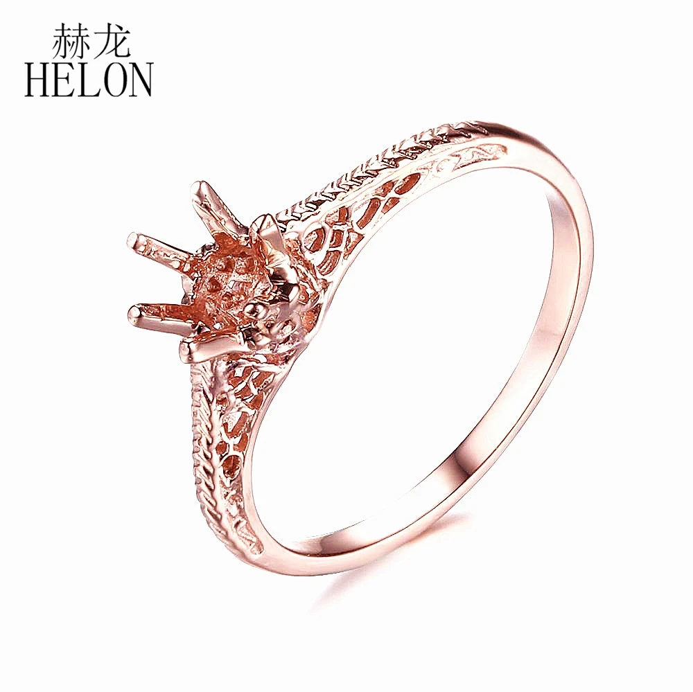 HELON Real 14k розовое золото Сертифицированный круглый 4-5 мм Пасьянс Античный Декор Винтаж полу крепление кольцо ювелирных изделий