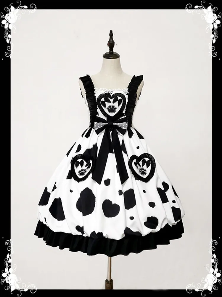 

Classic Lolita JSK Dress The Cow Patterm Lolita Jumper Skirts WIth Bow