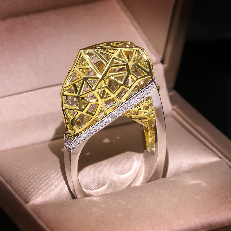

Original craftsmanship silver inlaid zircon mesh two-color domineering attending cocktail party ring men and women trend jewelry