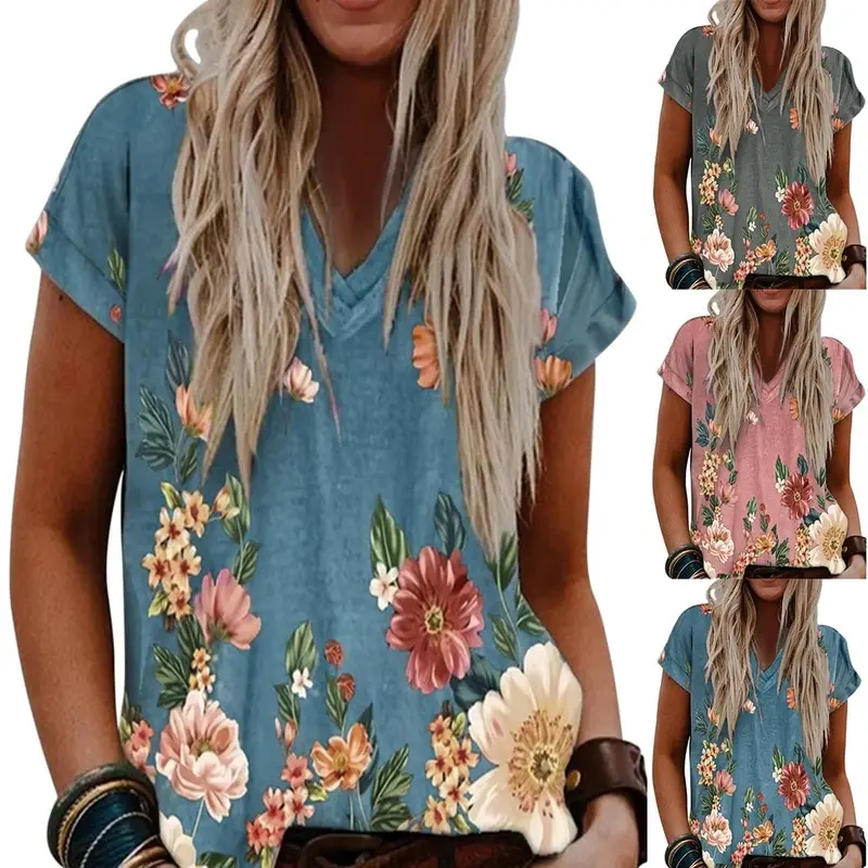 

2021 Summer Vintage Harajuku Woman T-shirts Plus Size Women Short Sleeve Printed V-Neck Tops Tee Female T-Shirts Mujer Camisetas
