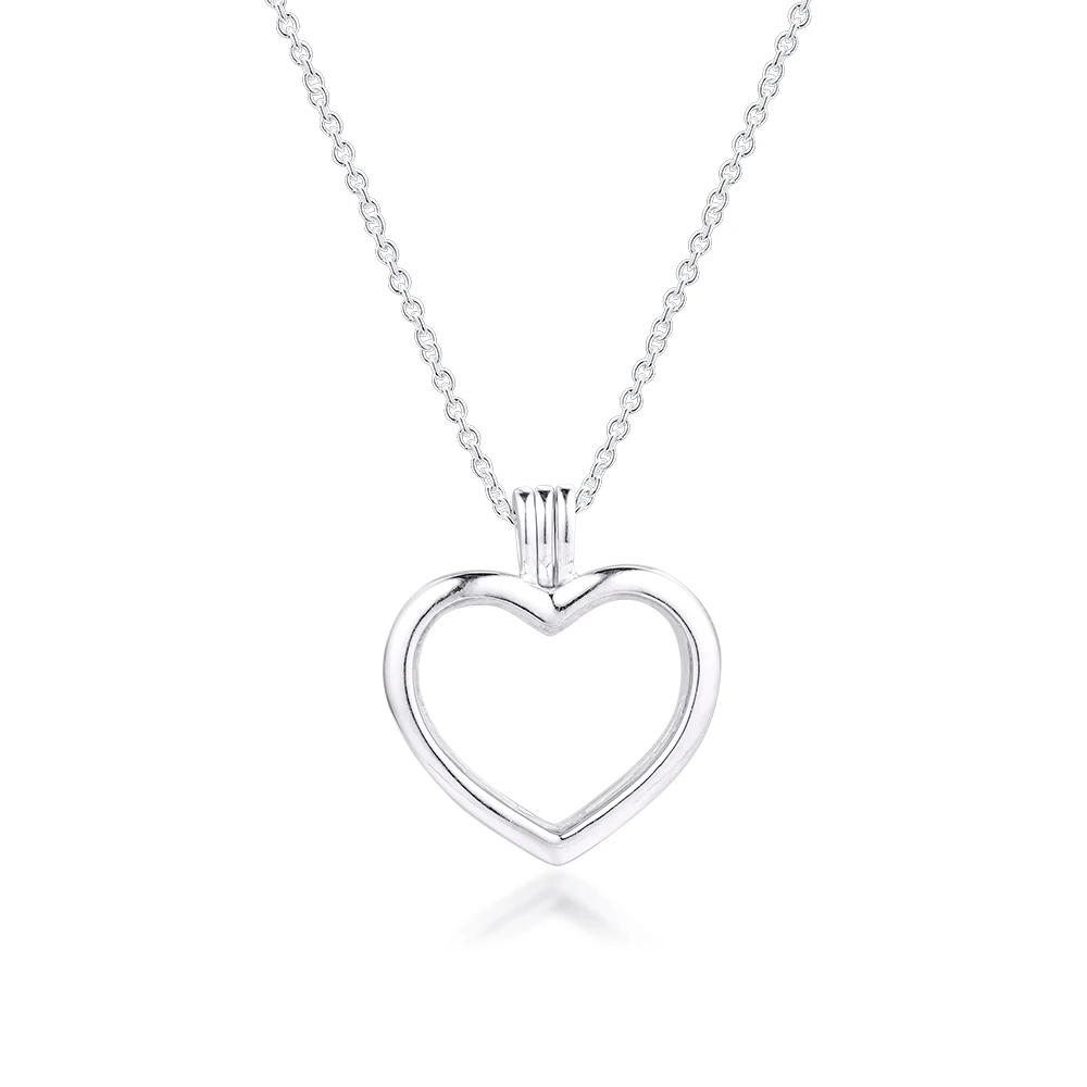 

Genuine 925 Sterling Silver Collier Necklace Floating Heart Locket Necklaces Pendants DIY Fits Petite Charms Women Jewelry