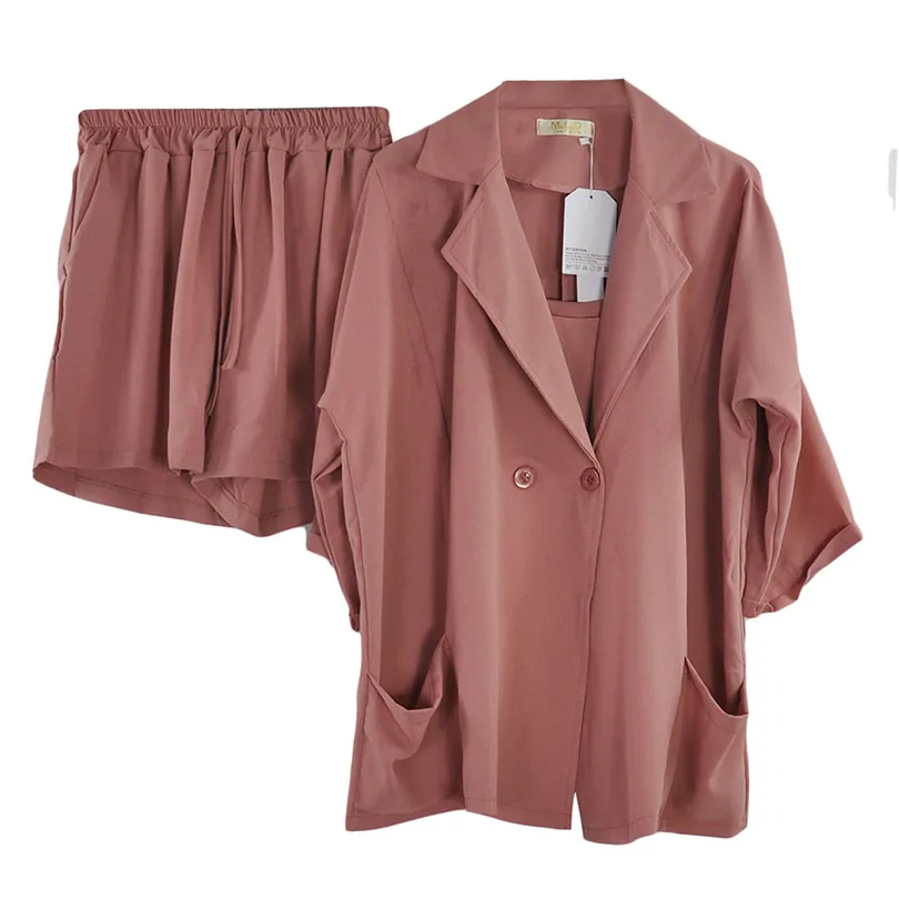 Летние женские шорты комплект из 3 предметов Свободное пальто на одной пуговице +