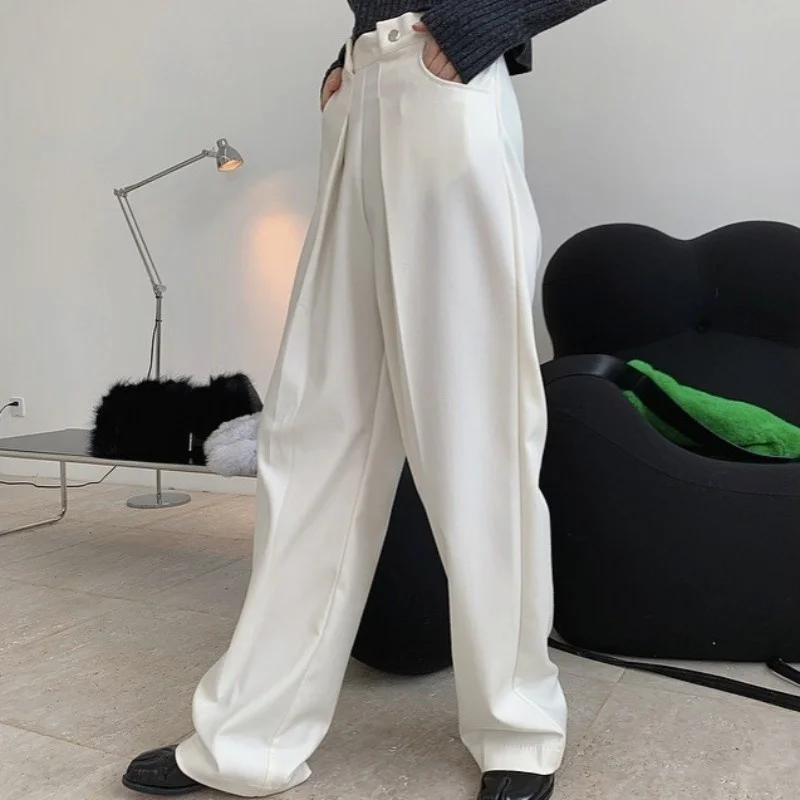 Office Autumn Lady Wide Leg Suit Pants Loose Fit Straight Casual Pants High Street High Waist Solid White Trousers Women S-L