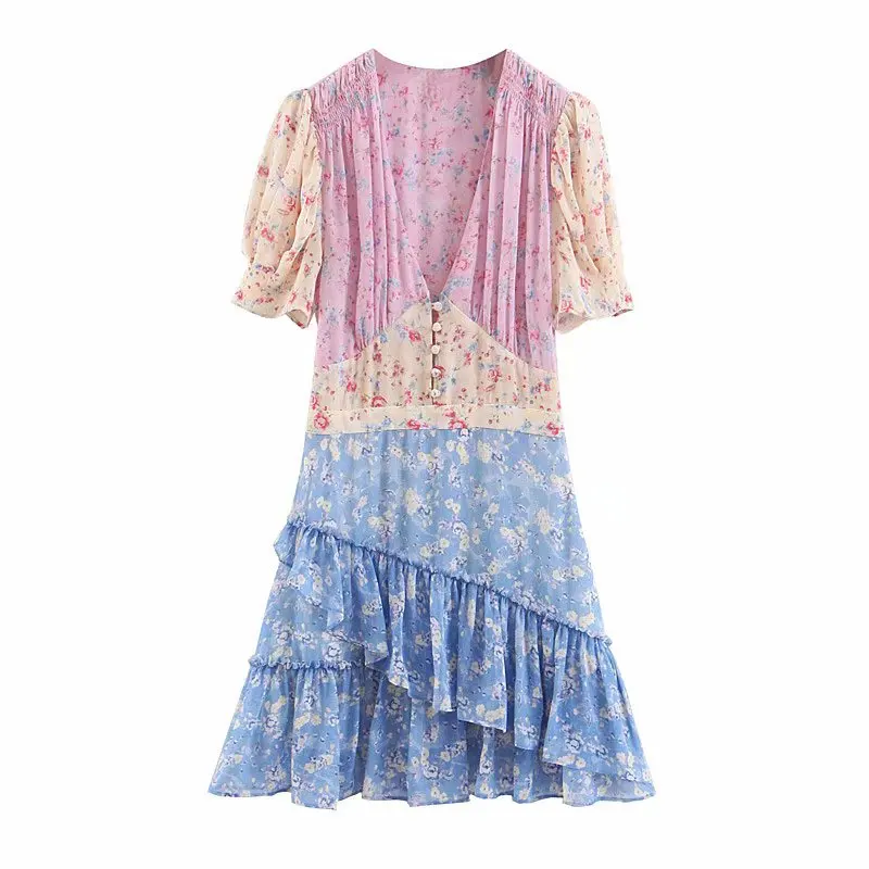 Женское платье с оборками повседневное мини контрастных цветов цветочным