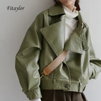 fitaylor 2021 loose pu leather batwing sleeve vintage leather jacket street casual outwear ladies biker leather coat multicolor