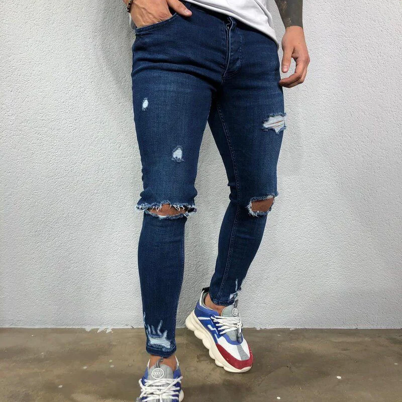 

Men Sexy Ripped Skinny Jeans Slim Elasticity Trousers Blue Classic Locomotive Hole Denim Jeans Pencil Jeans Pants Men