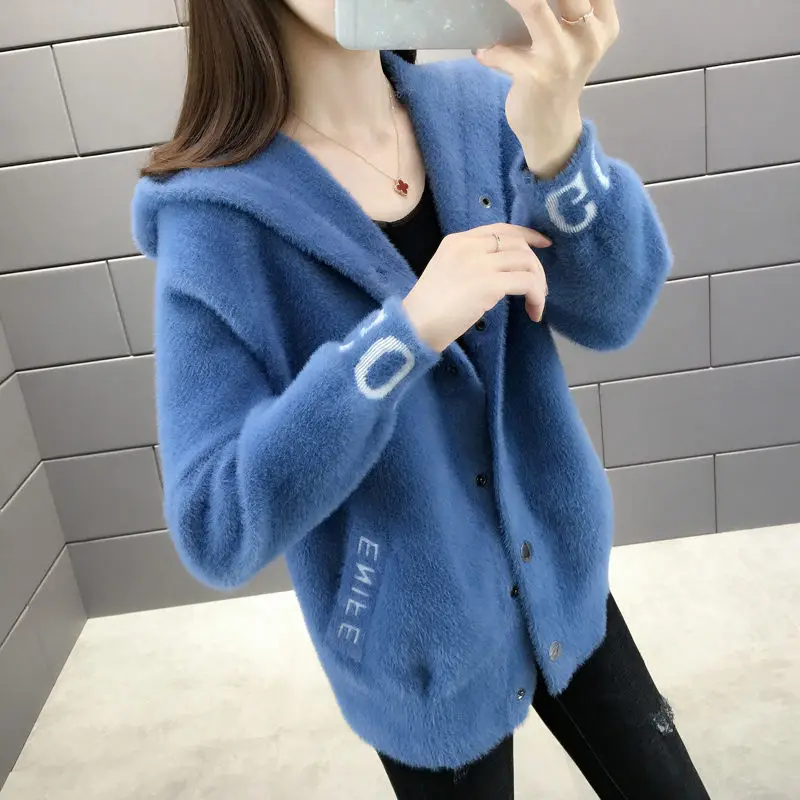 Женский короткий кашемировый свитер повседневный вязаный кардиган с капюшоном и