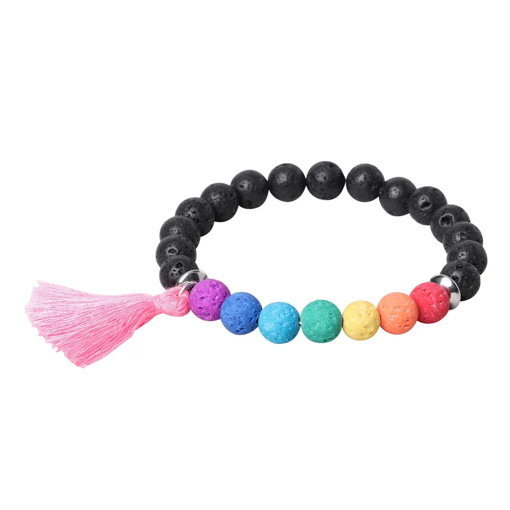 

2021 New 8mm Colorful Perfume Volcanic Stone Aromatherapy Essential Oil Bracelet Stainless Steel Collocation Tassel Bracelet Eur