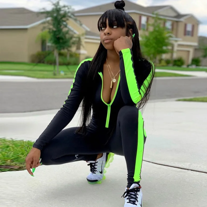 

Long Sleeve Zipper Front Skinny Fitness Tight Rompers Overalls Women Sporty Neon Striped Jumpsuit