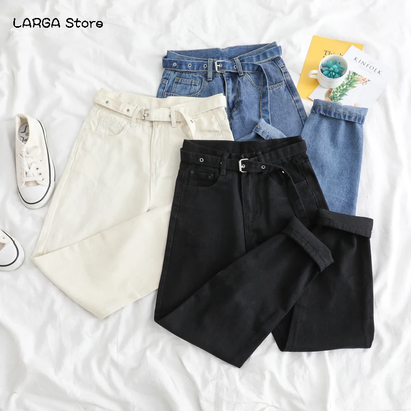 

Korean Straight Jeans Women Low Waist Denim Trousers Large Pocket Black Denim Pants Vintage with Belt Casual Plus Size 2020