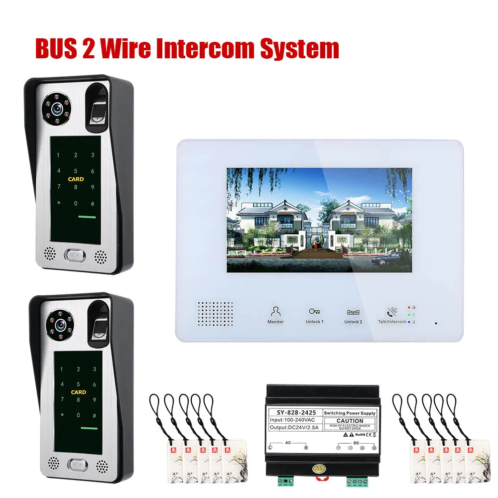 

7 Inch BUS 2 Wire Fingerprint Video Door Phone Intercom systems for home 2-doorbell camera 1-monitor Night Vision