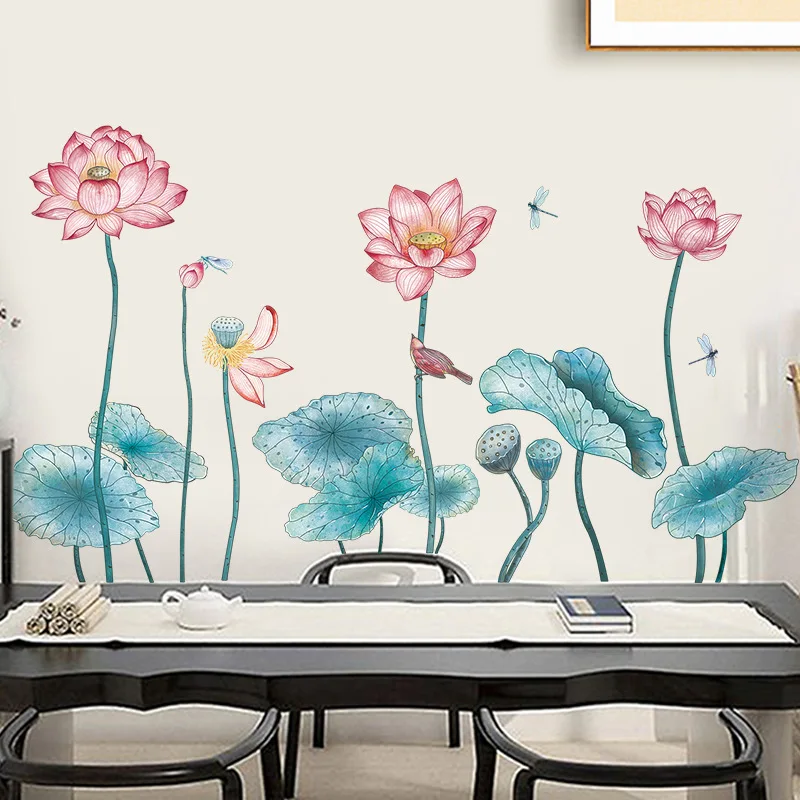 Стикер настенный в китайском стиле 60 х90 см с цветами лотоса | Дом и сад