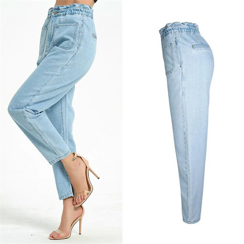 Джинсы женские свободные с высокой талией штаны из денима эластичным поясом