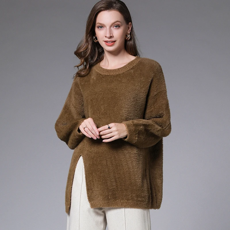 2019Winter Ladies loose pullover Sweater Raglan sleeves split end fake mink hair knitted sweaters casual tops plus size | Женская одежда