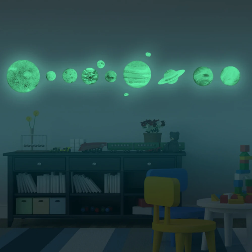 Bright Solar System Wall Stickers Glow in The Dark Sun with 9 Planets Glowing Ceiling Decals Shining Space Decoration for Home | Дом и сад