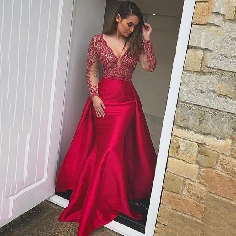 

Red Mermaid Prom Dresses V Neck Long Sleeves Satin Lace Appliques Sexy Backless Plus Size Evening Party Gowns Detachable Skirt