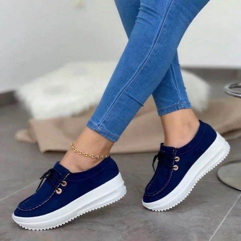 

Women's Vulcanized Shoes Flock Ladies Sewing Flat Platform Lace-Up Casual Autumn Female Plus Size 2021 Fashion Comfort Sneakers