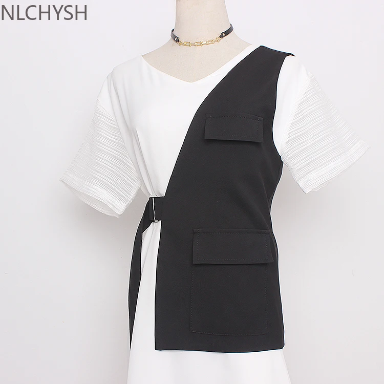 

Women Loose Fit Black One Side Buckle Split Joint Vest New V-collar Sleeveless Fashion Tide Spring Autumn 2021