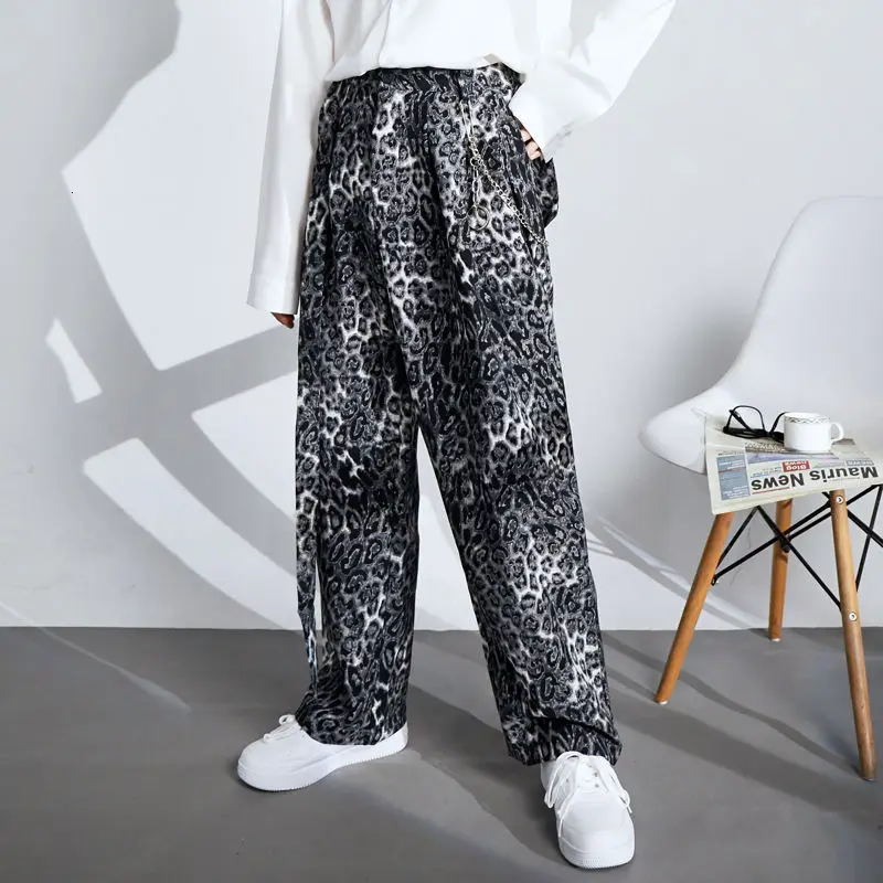 

Spring Leopard Pants Men's Fashion Retro Casual Wide-leg Pants Men Streetwear Korean Loose Hip-hop Straight Pants Mens Trousers