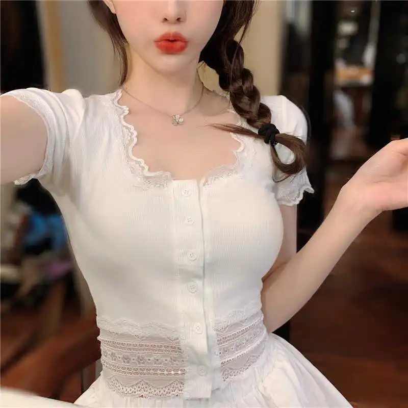 

Women's Short-Sleeved T-shirt Summer 2021new Lace Patchwork Knitting Top Short Slim Fit Square Collar Bottoming Shirt