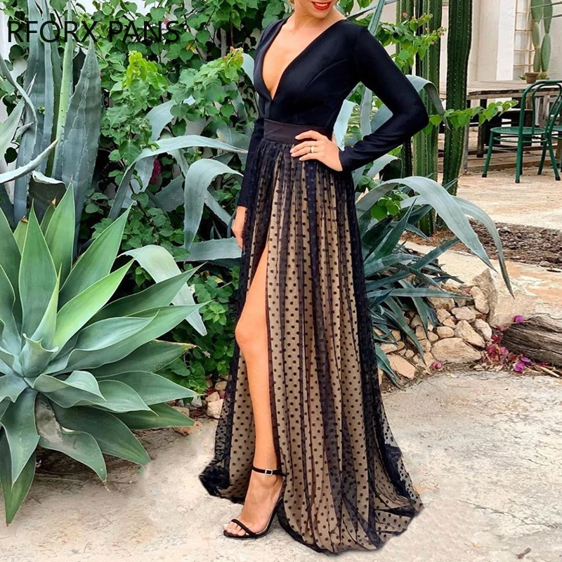 

Deep V Dot Mesh Dress Maxi Dress Party Dress Black Dress gothic dress dresses for women