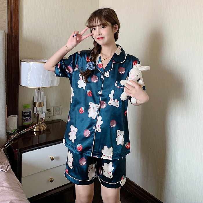 

Cool Silk Pajamas For Women Summer Cartoon Bear Pyjamas Set Ladies Short Sleeve Plus Size XXL Luxurious Home Suit Satin 2021 New