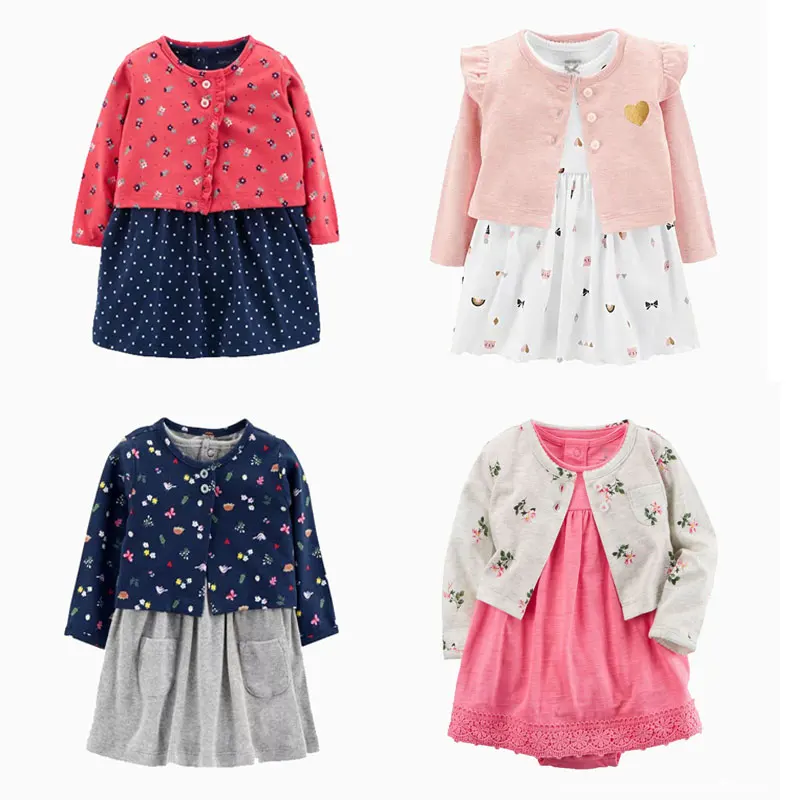 

Floral Dress+Cartoon Tops 2pcs for Baby Infant Cotton Clothing Set 2021 Autumn Newrobn Unicorn Coat Kids Polka Dot Printed Dress