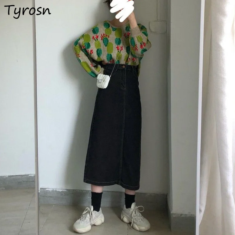 

Denim Skirts Women Design Button Fly Back-slit Faldas Mujer All-match High Street Vintage Harajuku A-line Midi Skirt Students BF