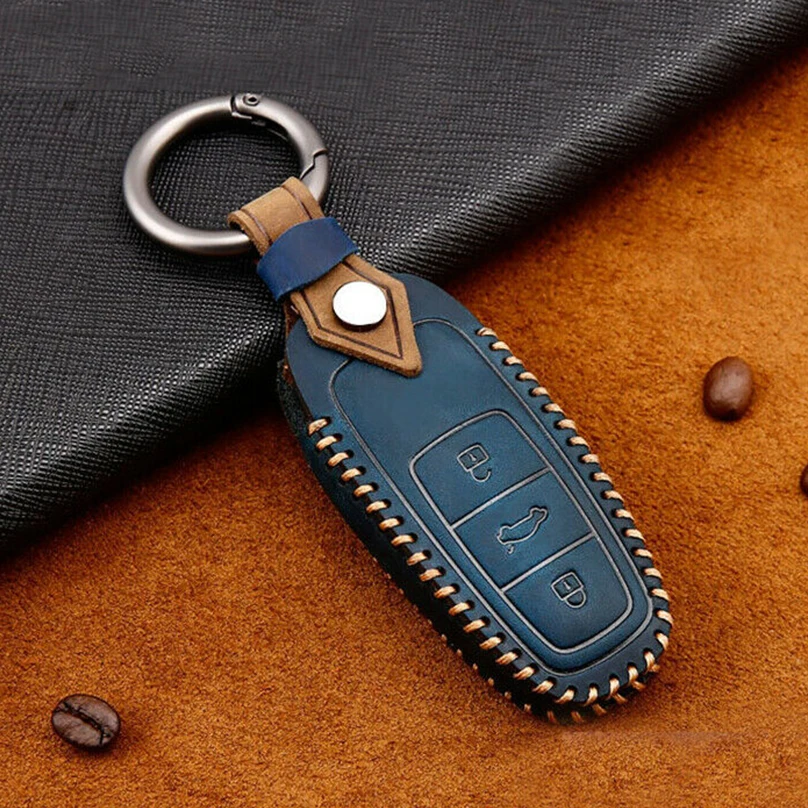 

New Car Leather Remote Key Case Cover Fob Holder Chain For AUDI A8 Q8 A6 A7 2019