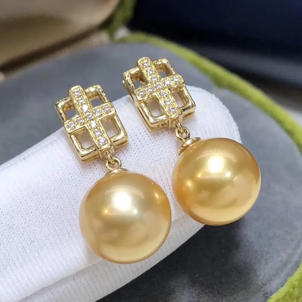 Fine Jewelry 1103 Pure 18 K Gold Phillipine Natural Ocean Golden Pearls 10-9mm Stud Earrings for Women Pearl | Украшения и