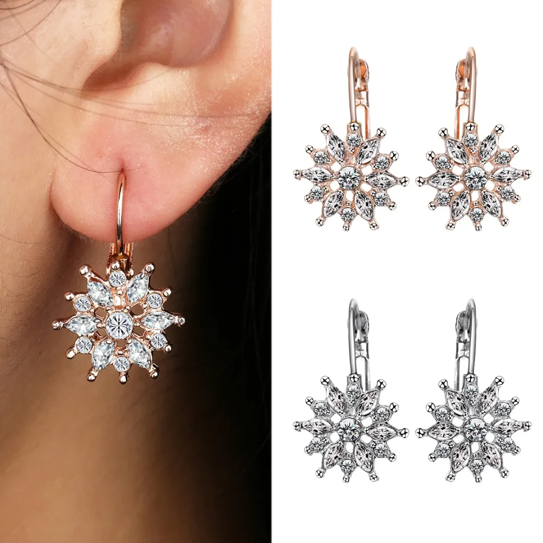 Роскошные серьги кольца с фианитами и кристаллами цветочные подвески серебряным