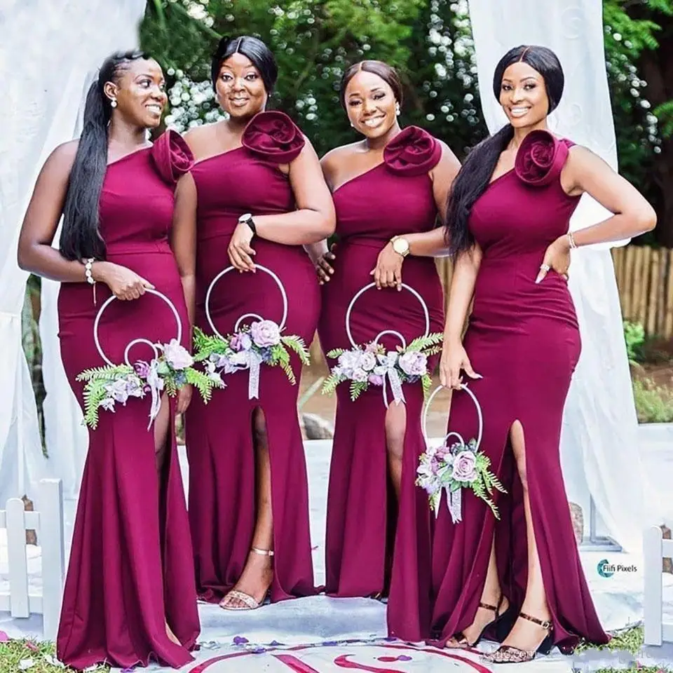 

Grape Purple One Shoulder Long Mermaid Bridesmaid Dress Simple Handmade Flowers Wedding Guest Party Gowns
