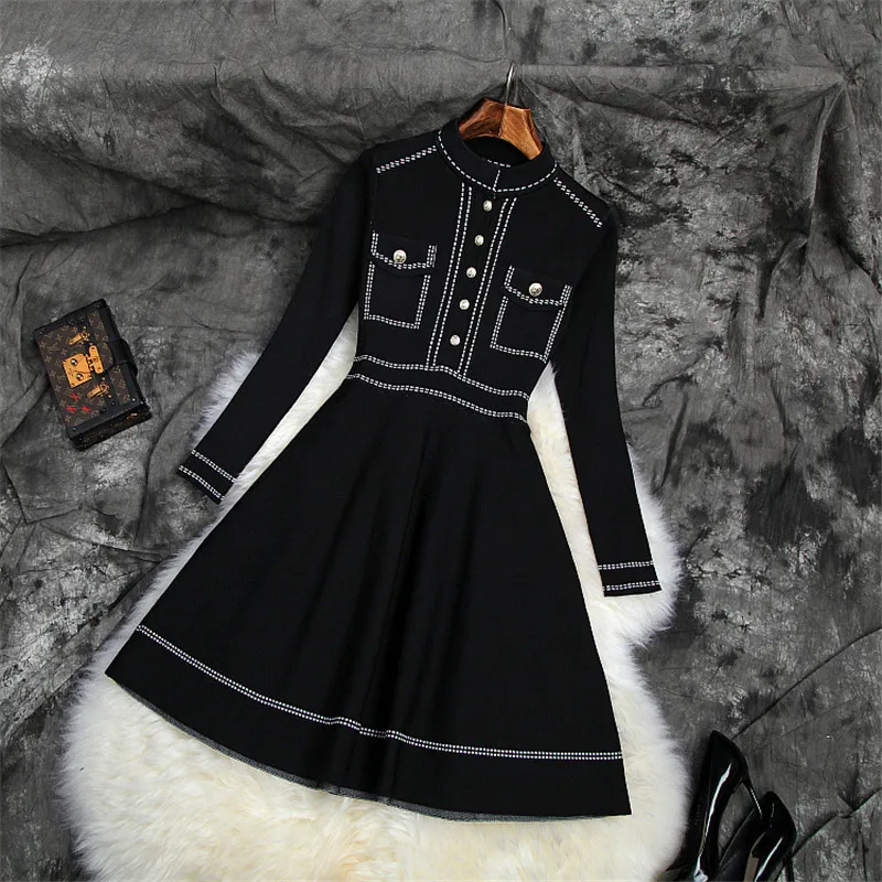 Новое Брендовое модное дизайнерское осеннее платье для подиума женское Vestidos с длинными рукавами и пуговицами, однотонные короткие вязаные платья-свитера Aline - Цвет: Черный