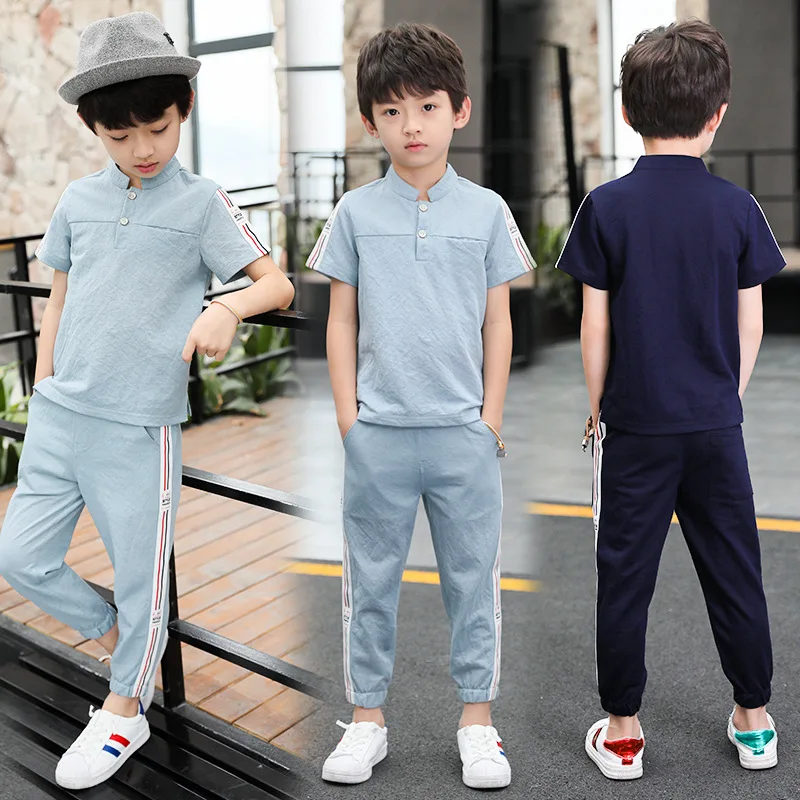 

Children's Wear Boys Casual Short Sleeve Sleeves Ribbon Cotton Two-piece Suit Medium and Large Children's Suit