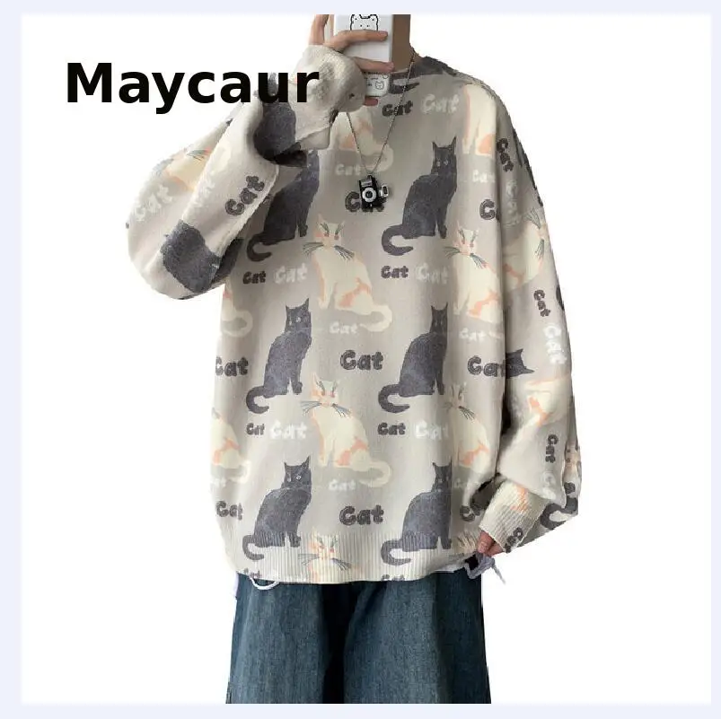 

Мужской свитер с котом в Корейском стиле, свободная рубашка в стиле хип-хоп для осени и зимы, 2021